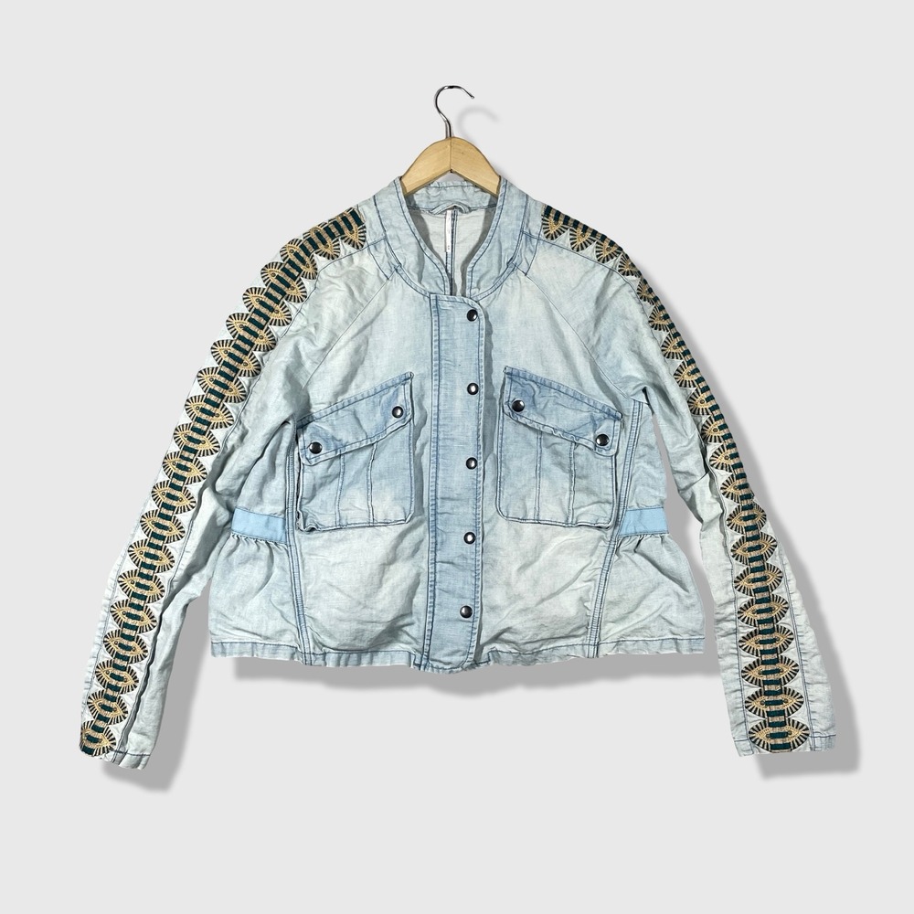 Free People Linen Blend Bomber Jacket Womens M Blue Boho Embroidered Utility